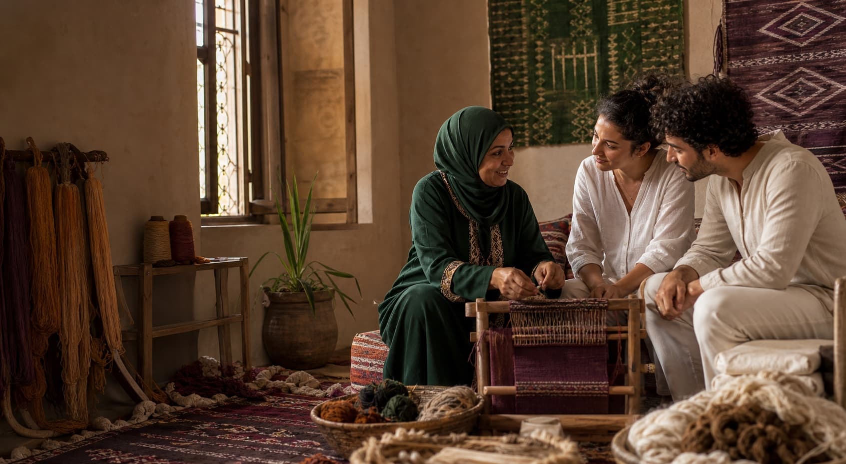 A Moroccan textile artisan sharing her craft with two travelers
