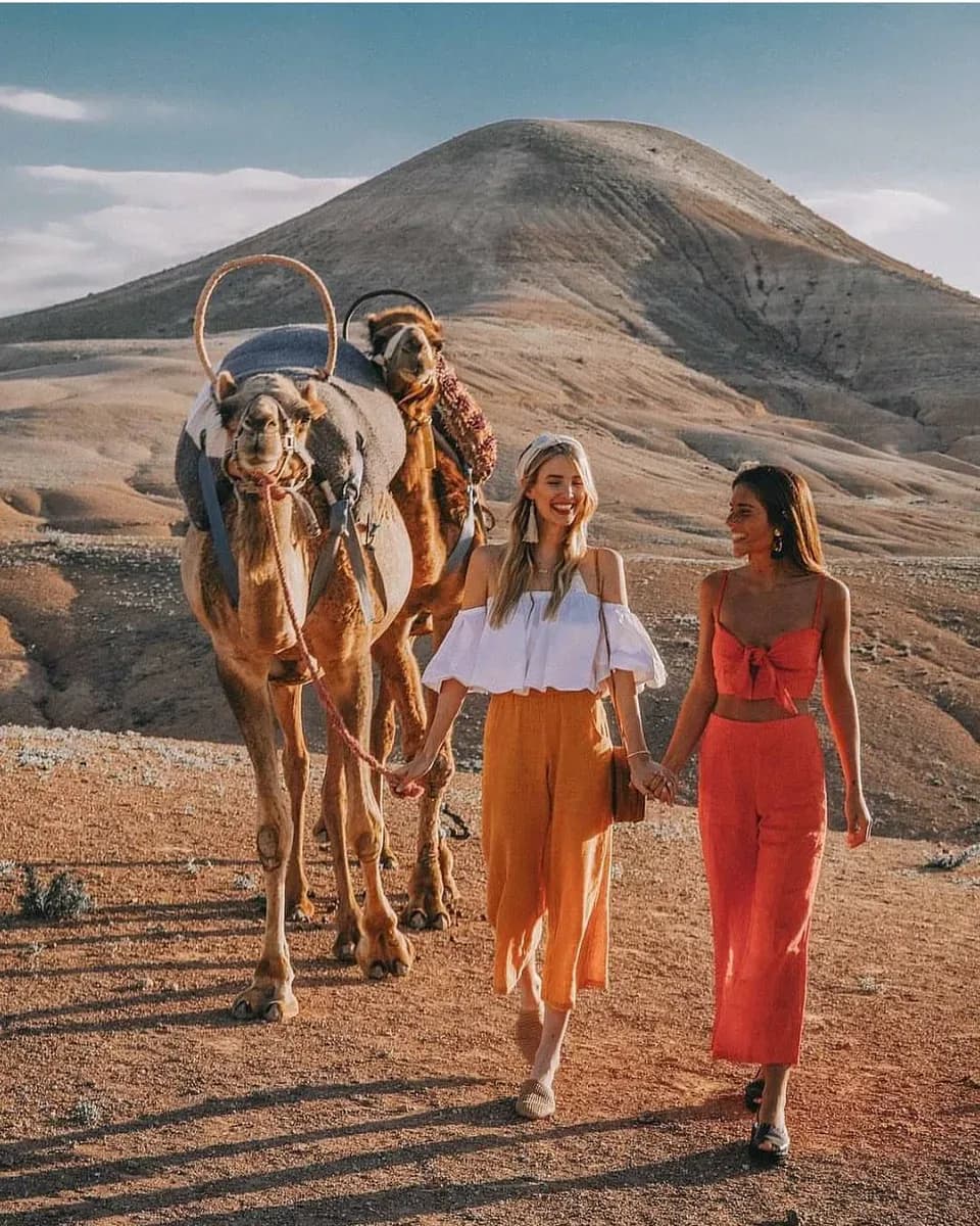 Camel Walk Through Morocco’s Palm Oasis and Desert Landscape
