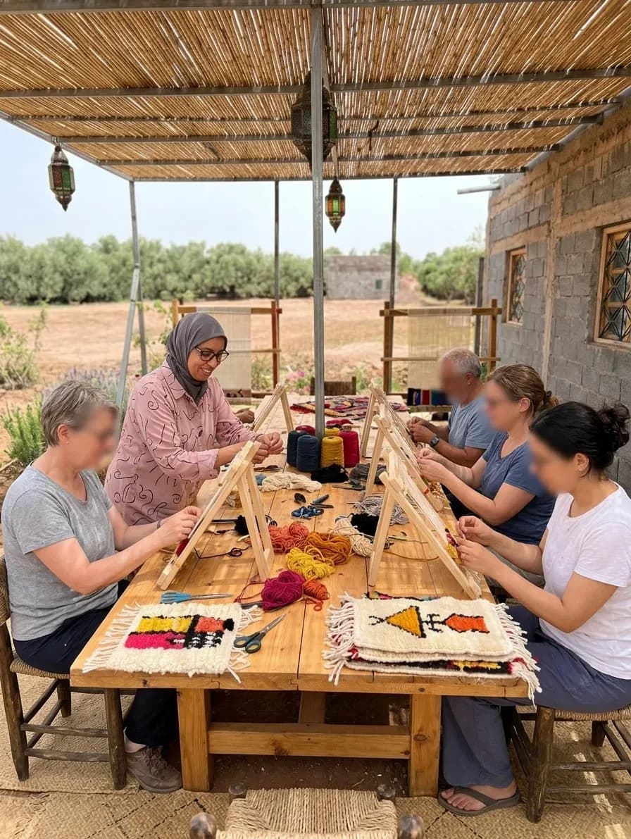 Atelier pratique de tissage de tapis marocains traditionnels dans un village berbère