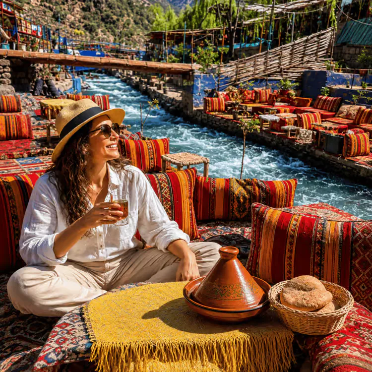 Escapada escénica al río en el Atlas con parada de té bereber tradicional